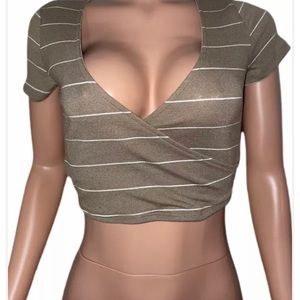 Sexy Mocha Green Striped Crop Wrap Front stretch Cropped Cleavage Top New casual